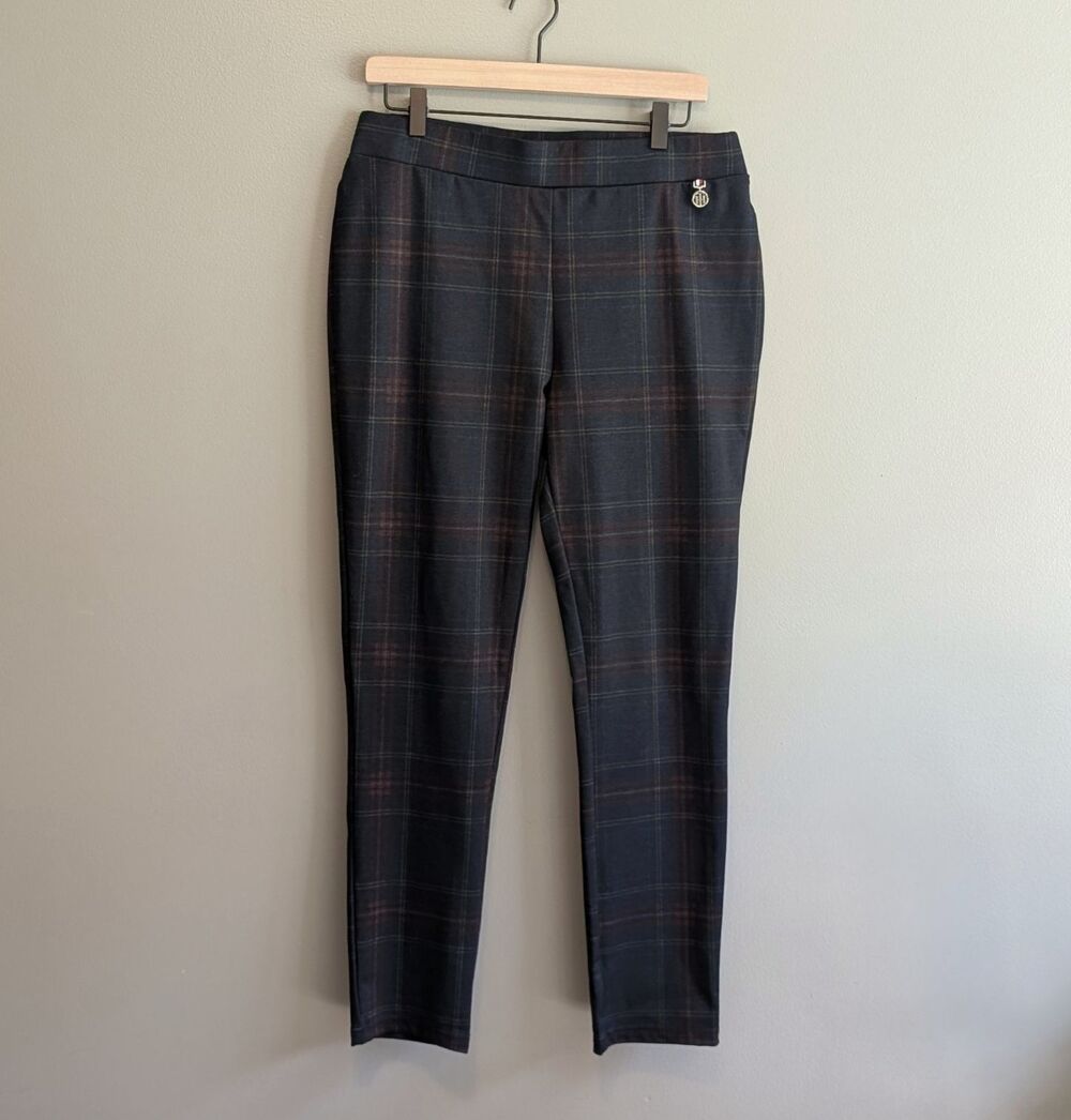 Tommy Hilfiger Womens Pants Size 12 Plaid Stretch Pull On Slim Leg Trousers Navy - Picture 1 of 7